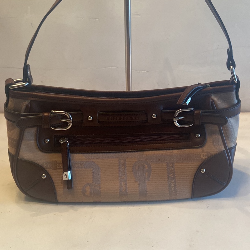 Etienne Aigner brown tan 90’s Y2K east west shoulder bag silver tone hardware
